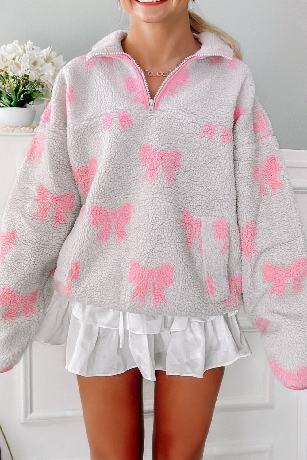 Gray Bow Sherpa Quarter Zip Drop Shoulder Baggy Sweatshirt