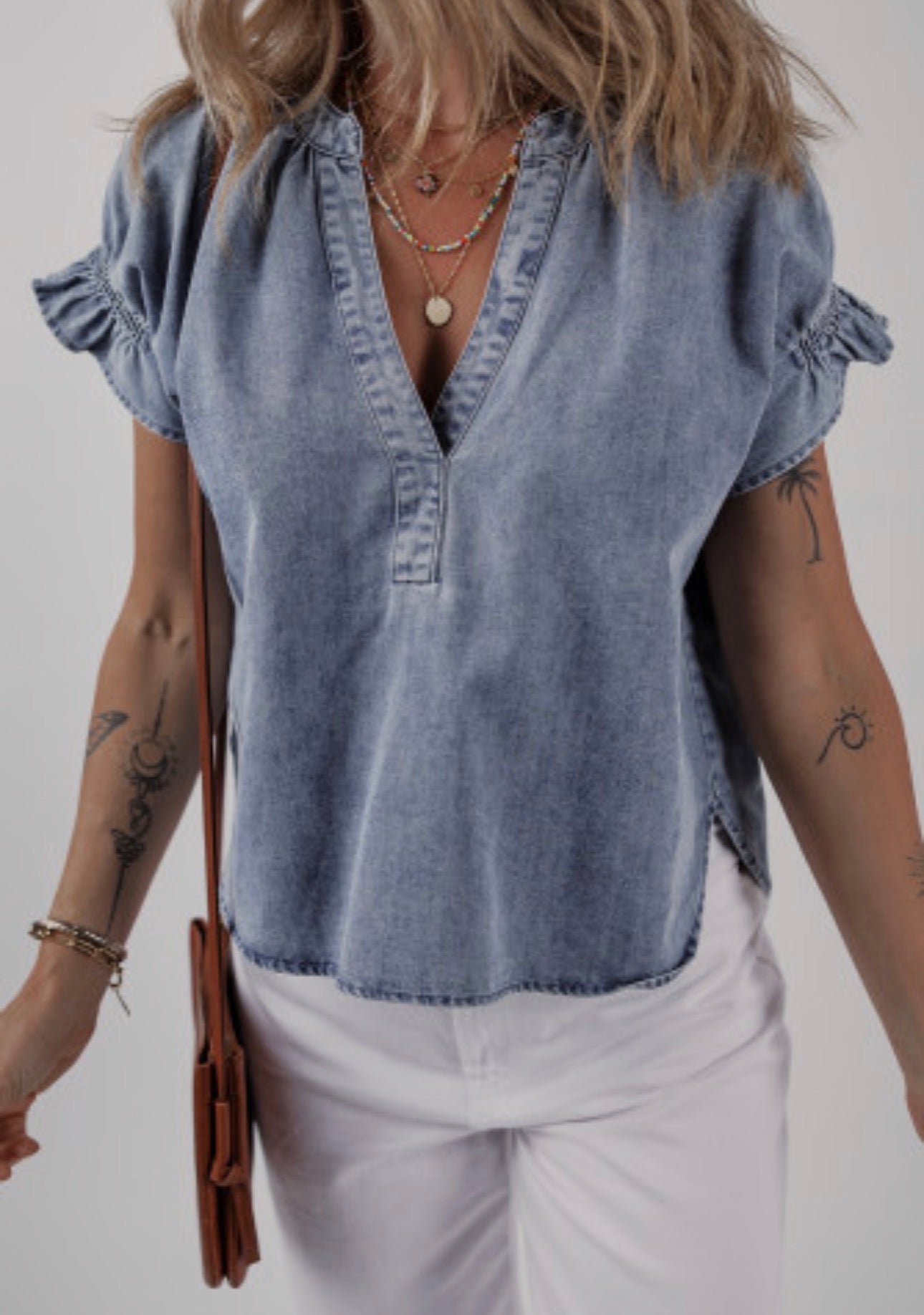 Dusk Blue Ruffle Puff Denim Top