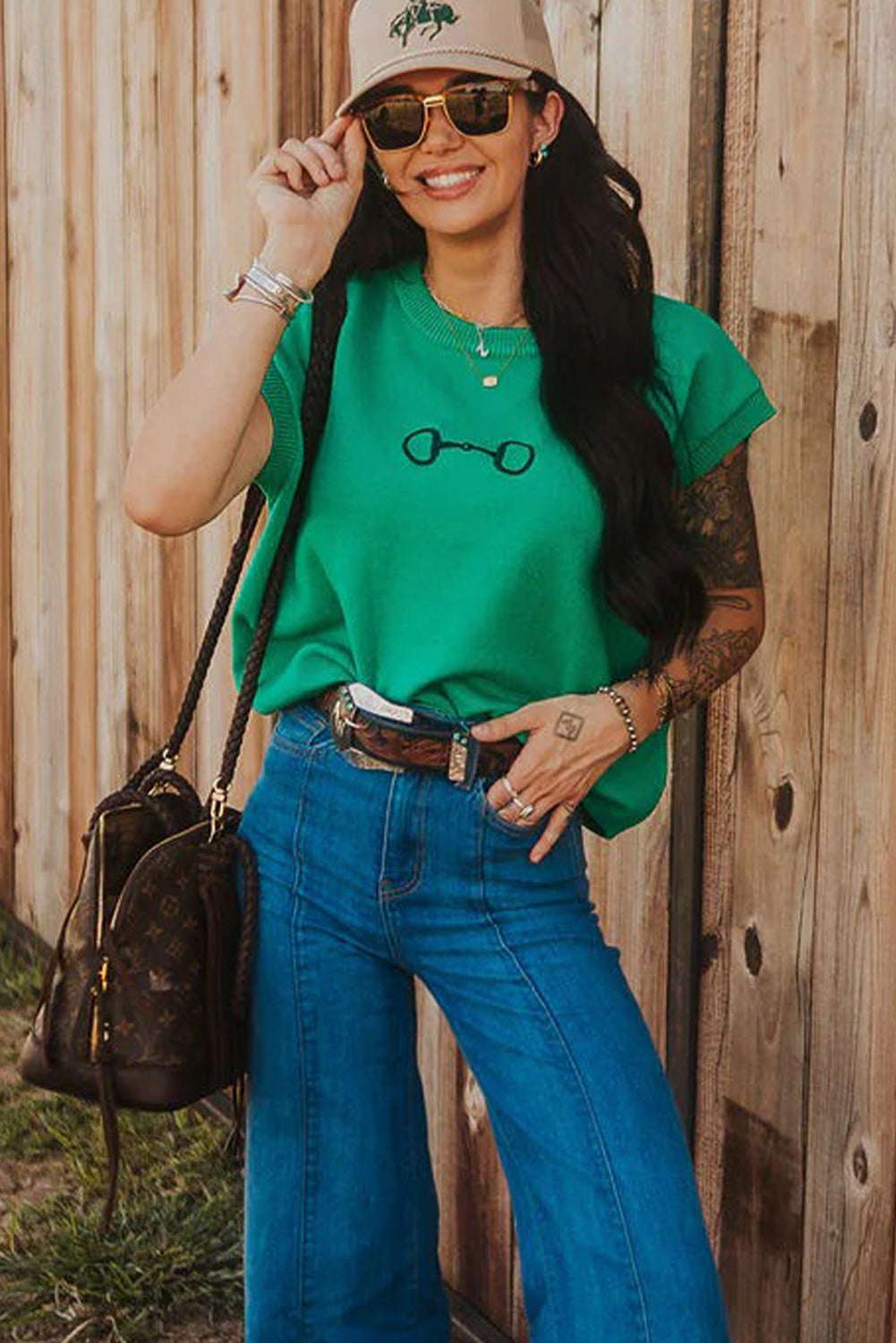 Bright Green Horse Bit Embroidered Loose Short Sleeve Sweater