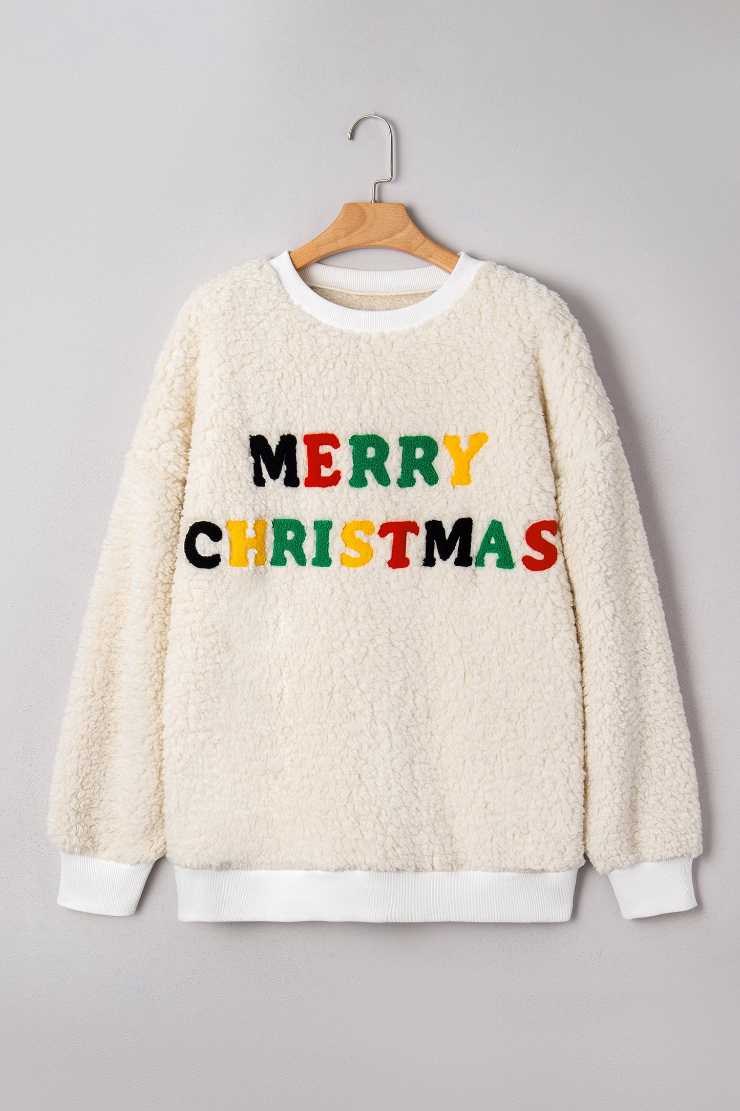 White MERRY CHRISTMAS Multicolor Embroidered Sherpa Pullover Sweatshirt