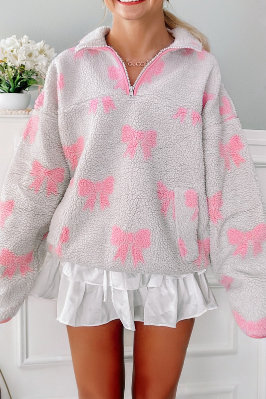 Gray Bow Sherpa Quarter Zip Drop Shoulder Baggy Sweatshirt