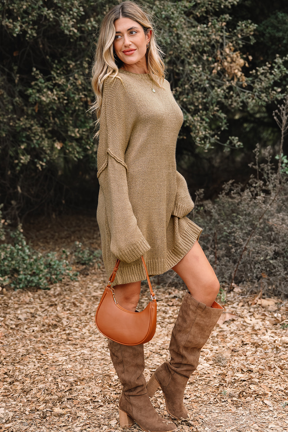 Pale Khaki Oversize Drop Shoulder Slouchy Sweater Dress
