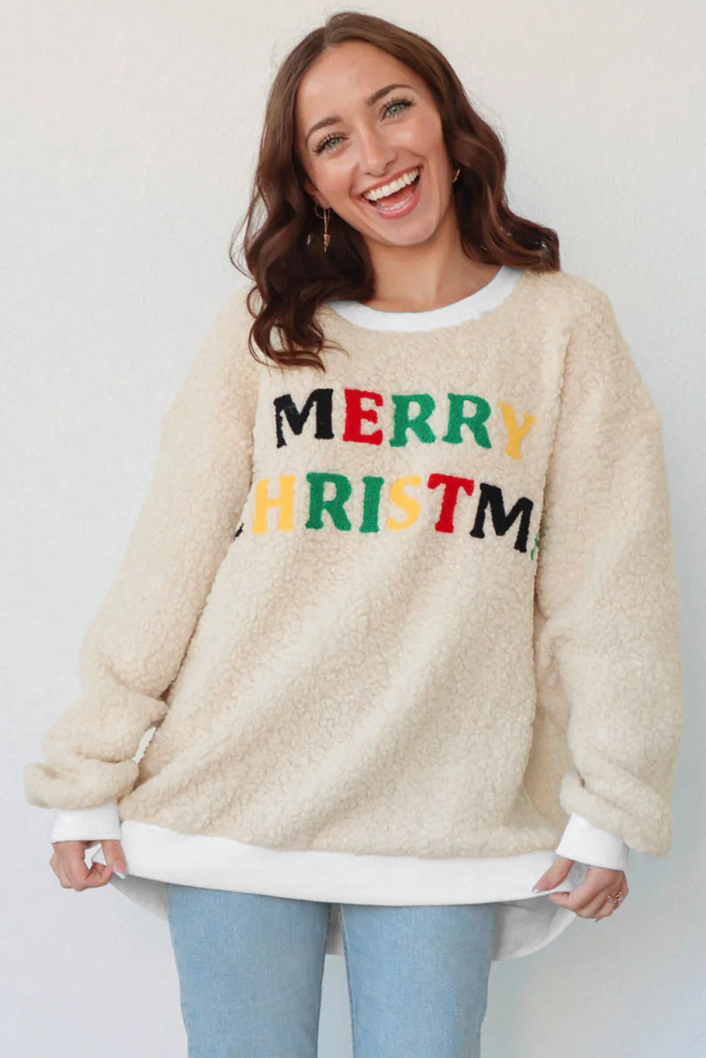 White MERRY CHRISTMAS Multicolor Embroidered Sherpa Pullover Sweatshirt