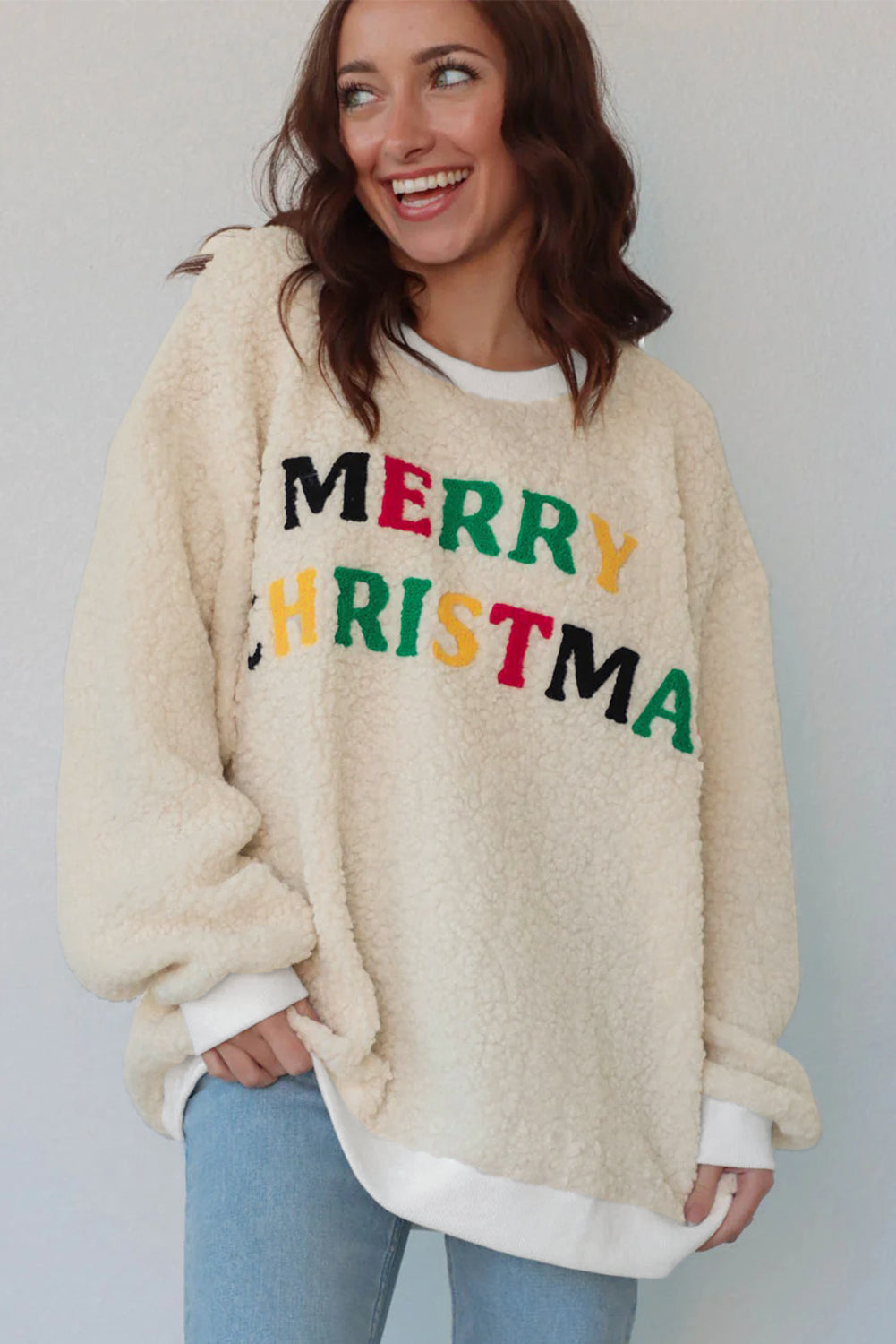 White MERRY CHRISTMAS Multicolor Embroidered Sherpa Pullover Sweatshirt