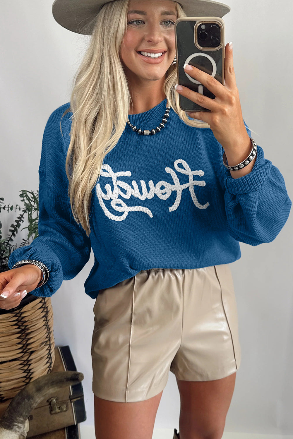 Dusk Blue Howdy Embroidered Graphic Western Sweater