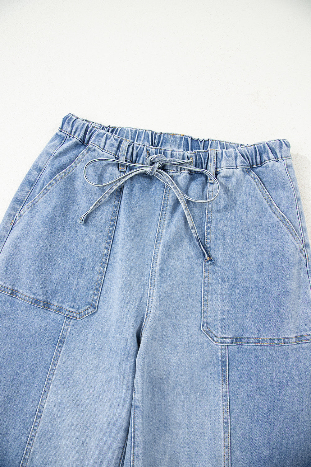 Beau Blue Drawstring Seam Detail Raw Hem Wide Leg Denim Pants