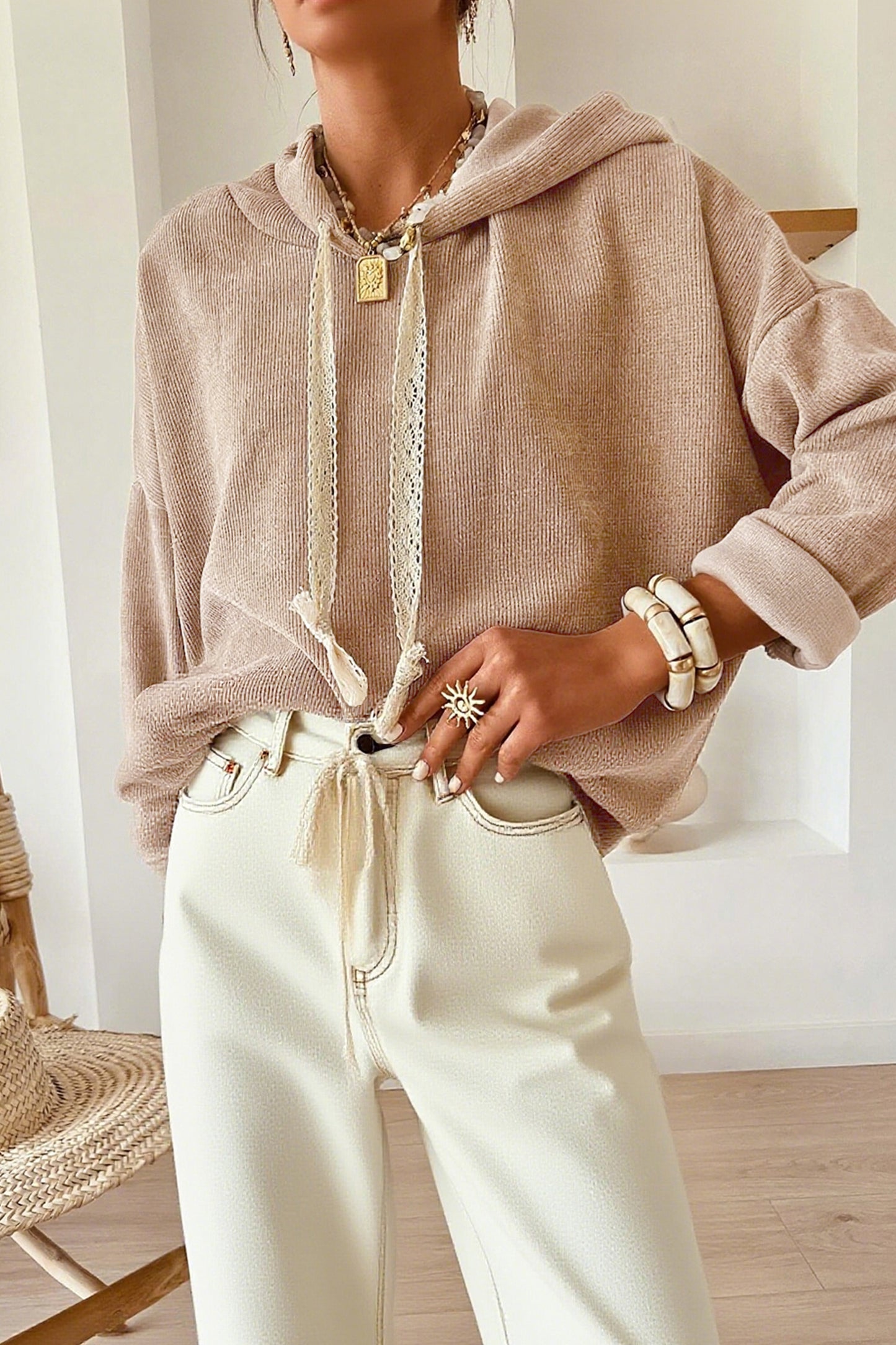 Casual Thermal Textured Lace Drawstring Baggy Hoodie