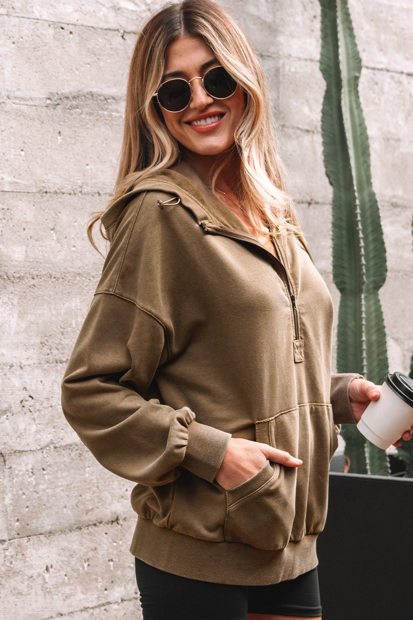 Elmwood Half Zip Kangaroo Pocket Mineral Wash Baggy Hoodie