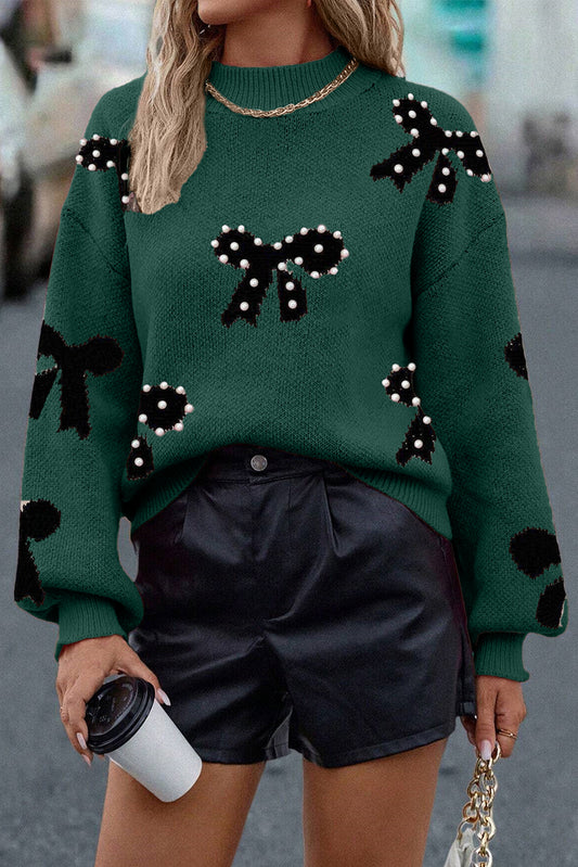 Blackish Green Pearl Embellished Bow Pattern Loose Sweater