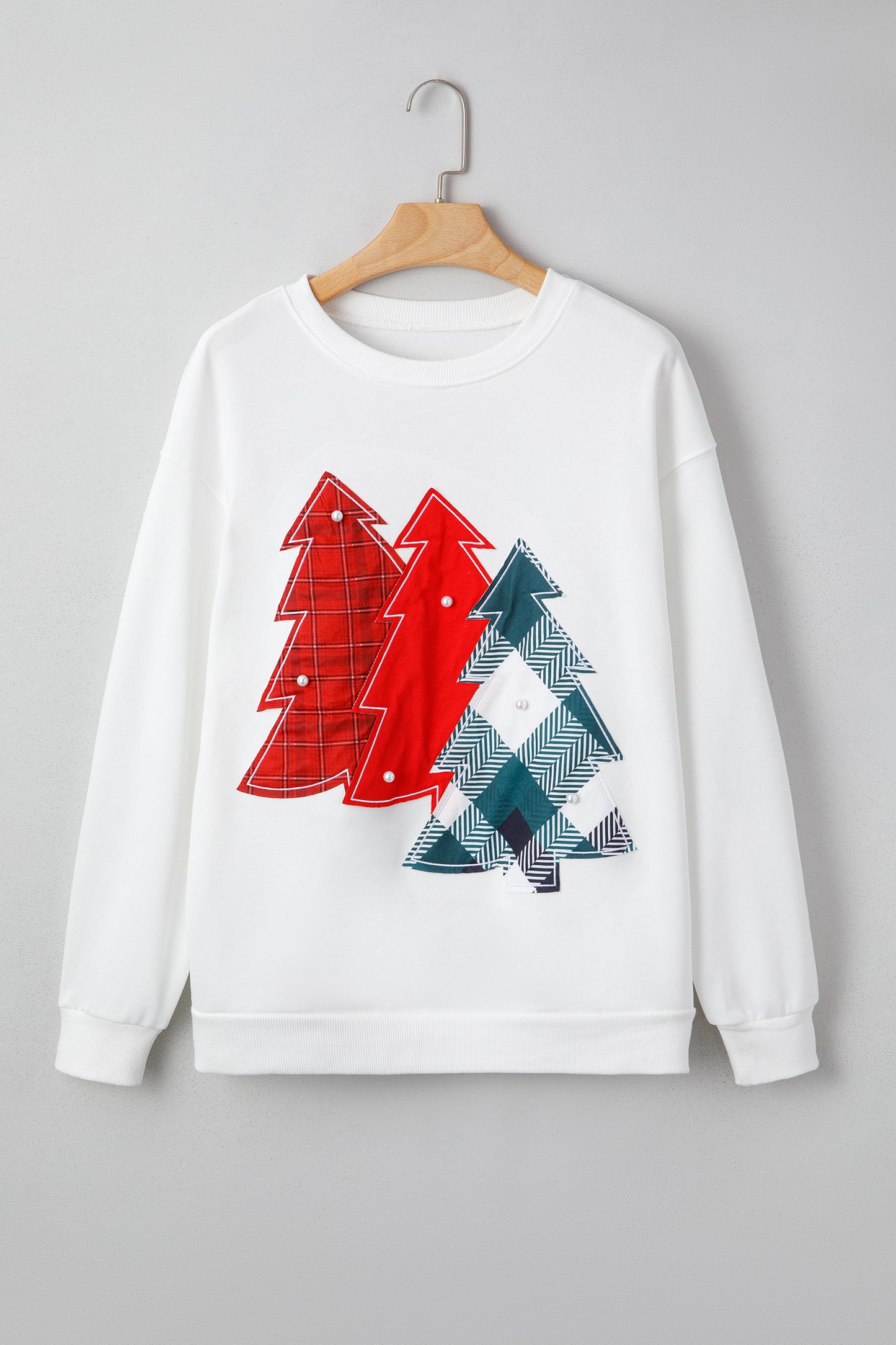 White Pearl Plaid Christmas Tree Patched Drop Shoulder Sweatshirt