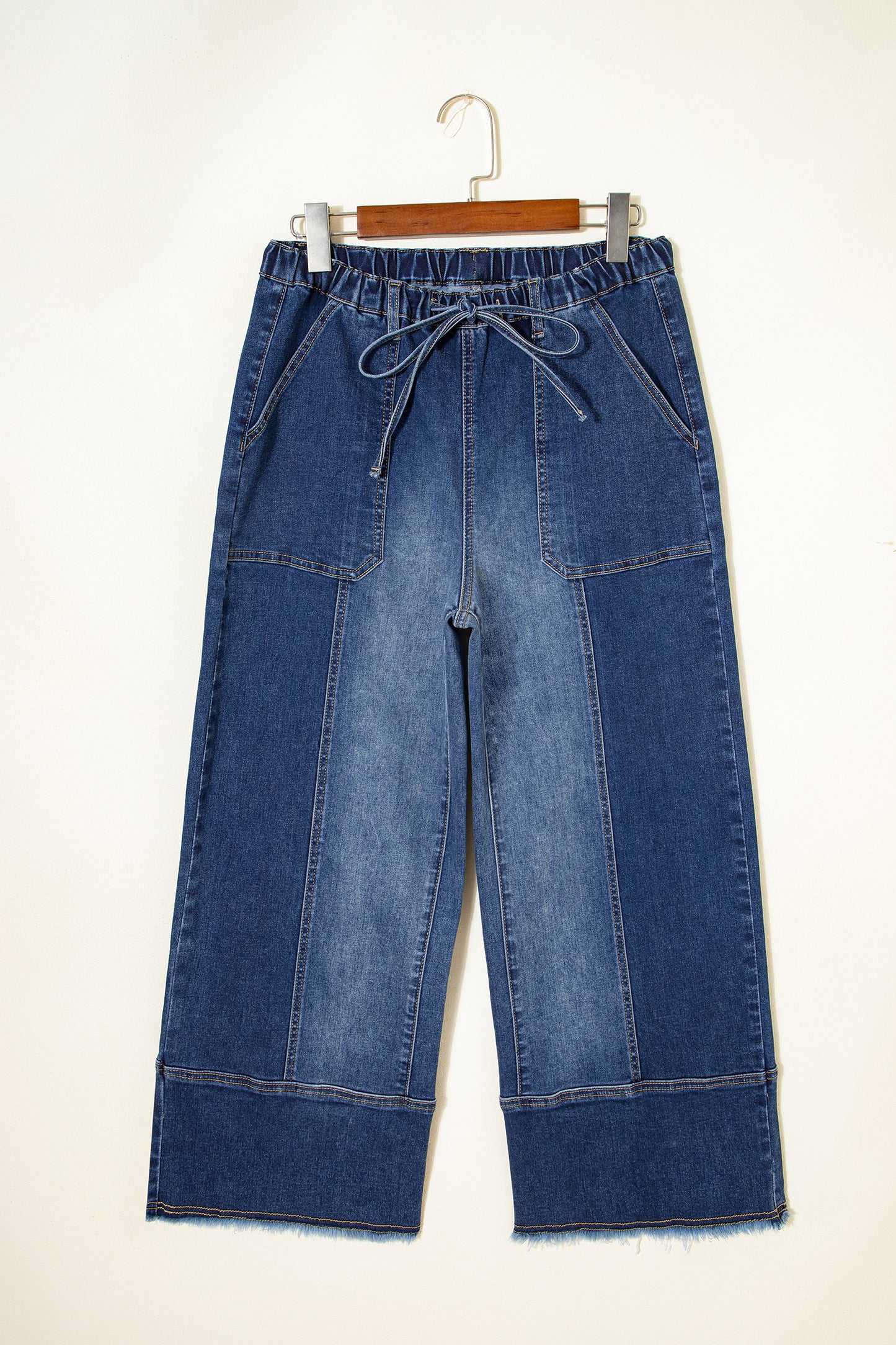 Prussian Blue Drawstring Seam Detail Raw Hem Wide Leg Denim Pants