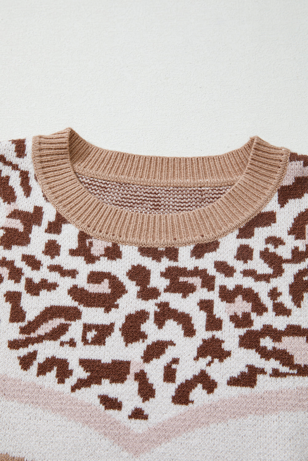 Straw Yellow Leopard Color Block Knit Round Neck Baggy Sweater