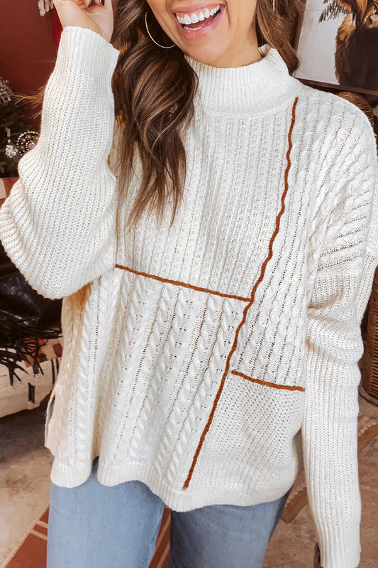 White Mix Texture Patchwork Contrast Stitch Mock Neck Sweater