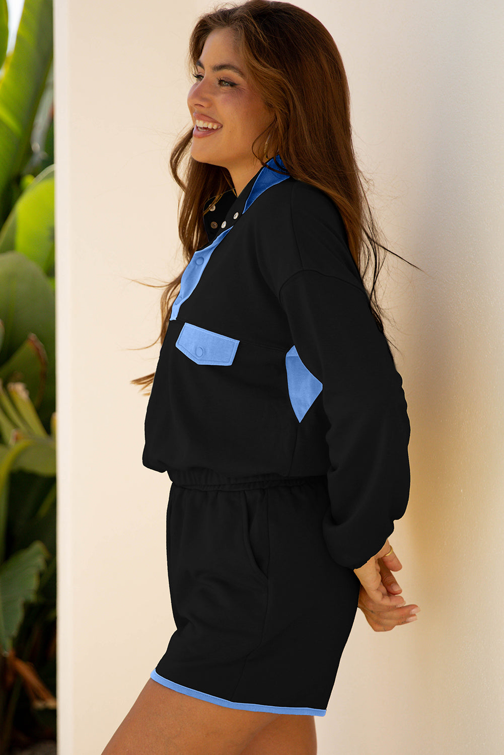 Black Color Block Patchwork Half Button Pullover and Shorts 2pcs Outfit