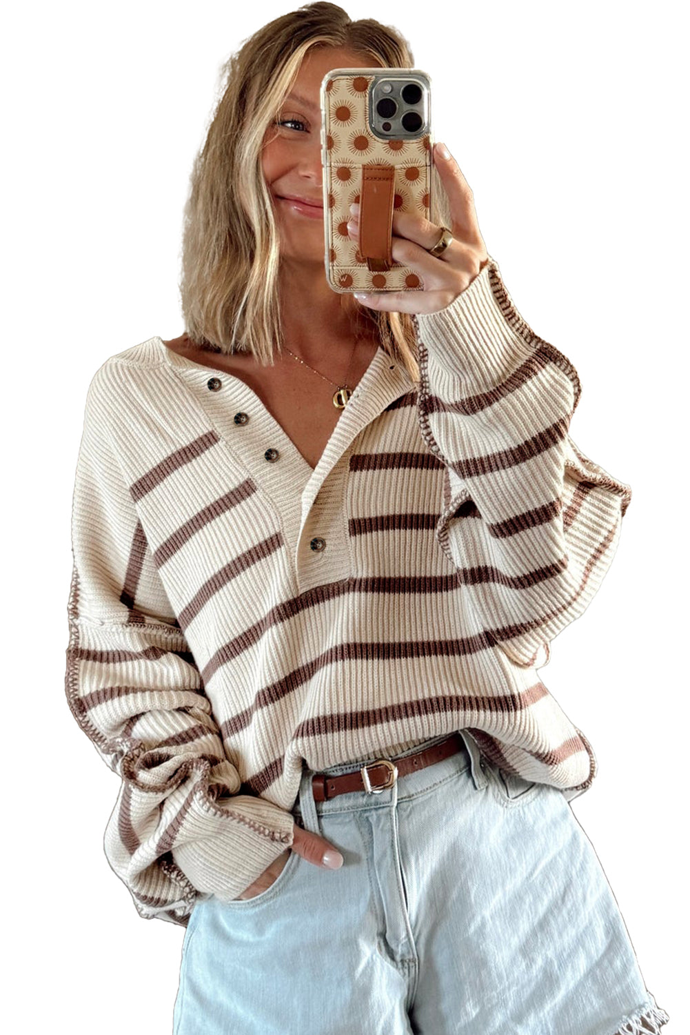 Brown Stripe Ribbed Henley Drop Shoulder Slouchy Sweater