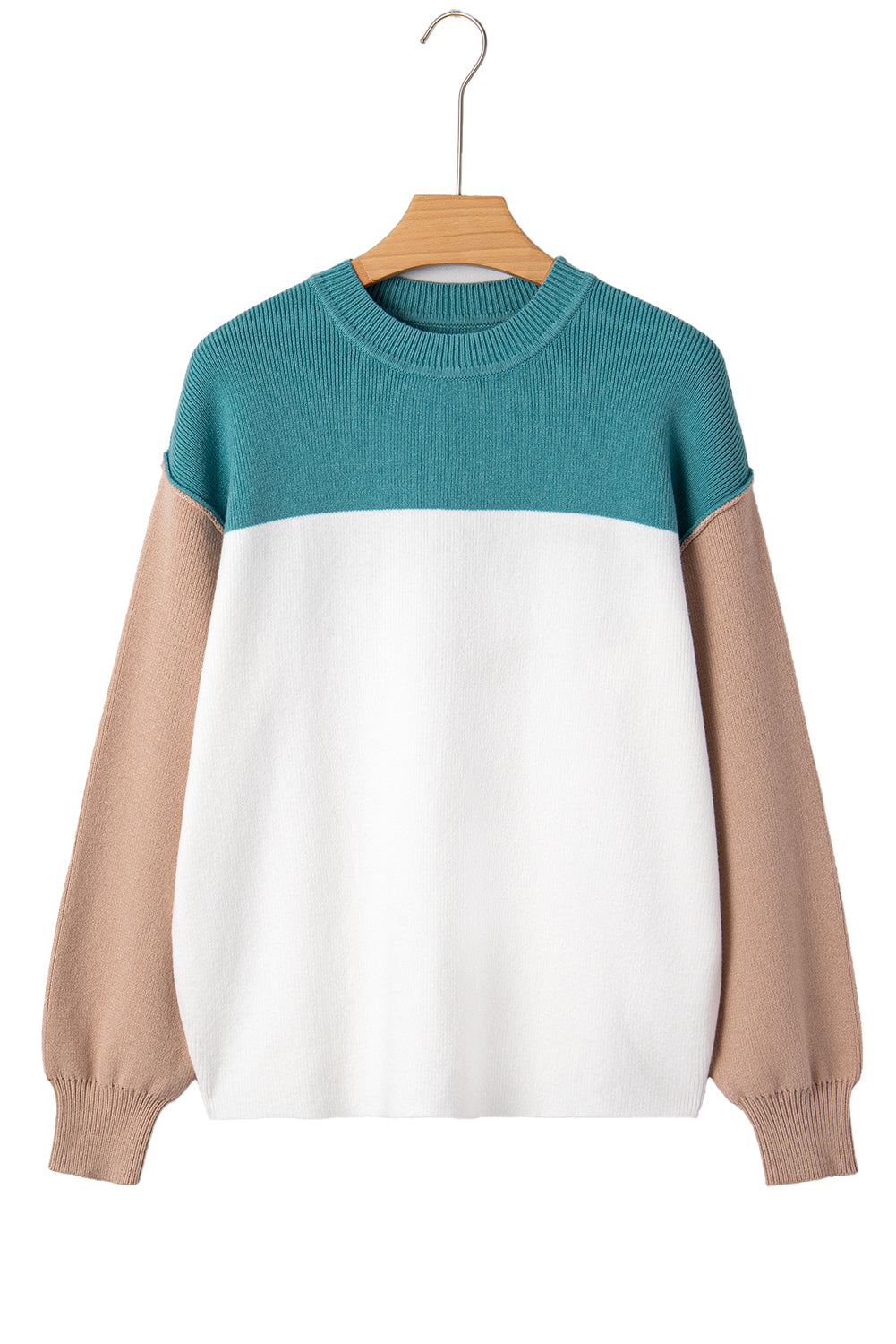 Green Color Block Plain Ribbed Knit Baggy Sweater