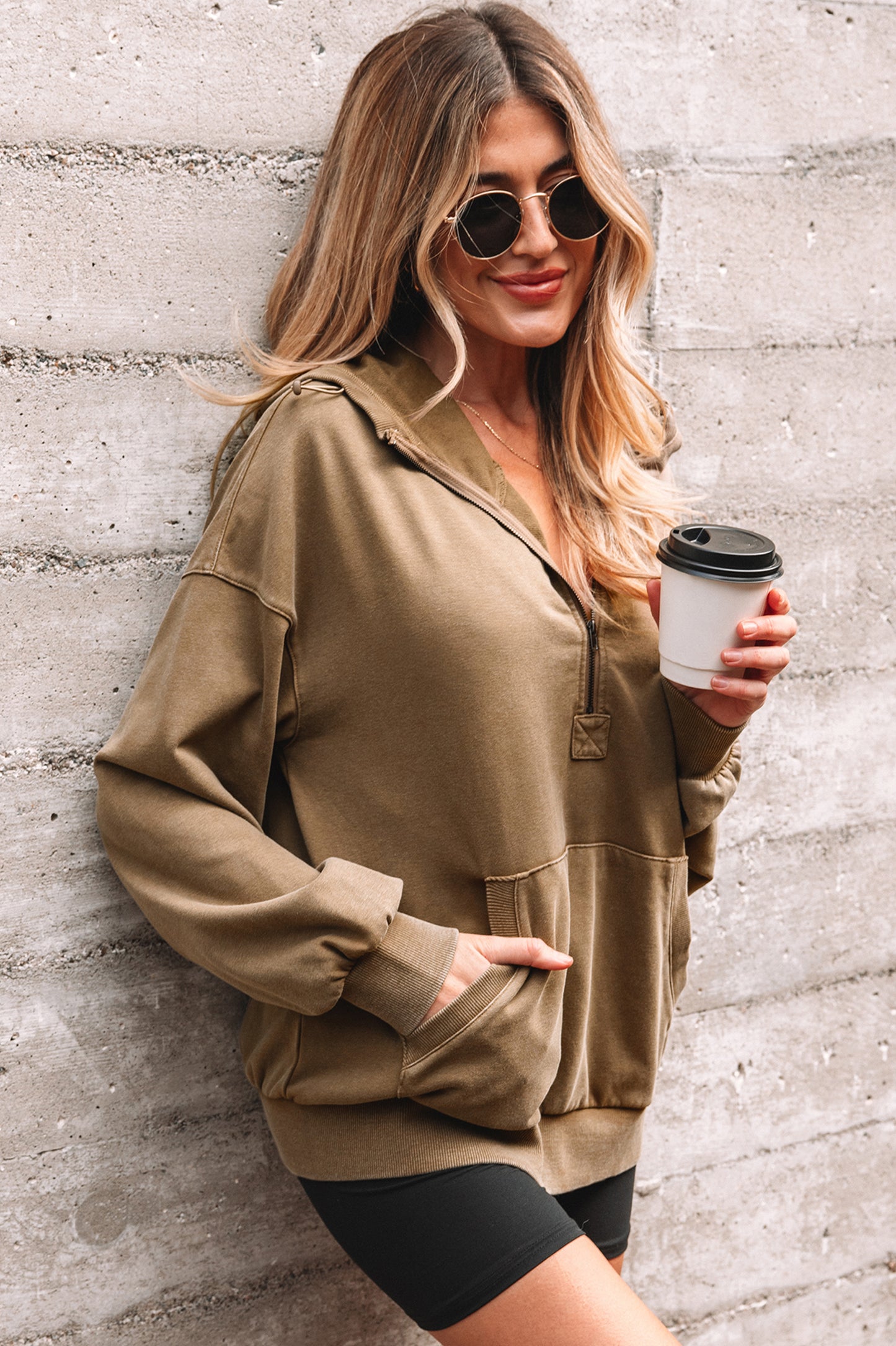 Elmwood Half Zip Kangaroo Pocket Mineral Wash Baggy Hoodie